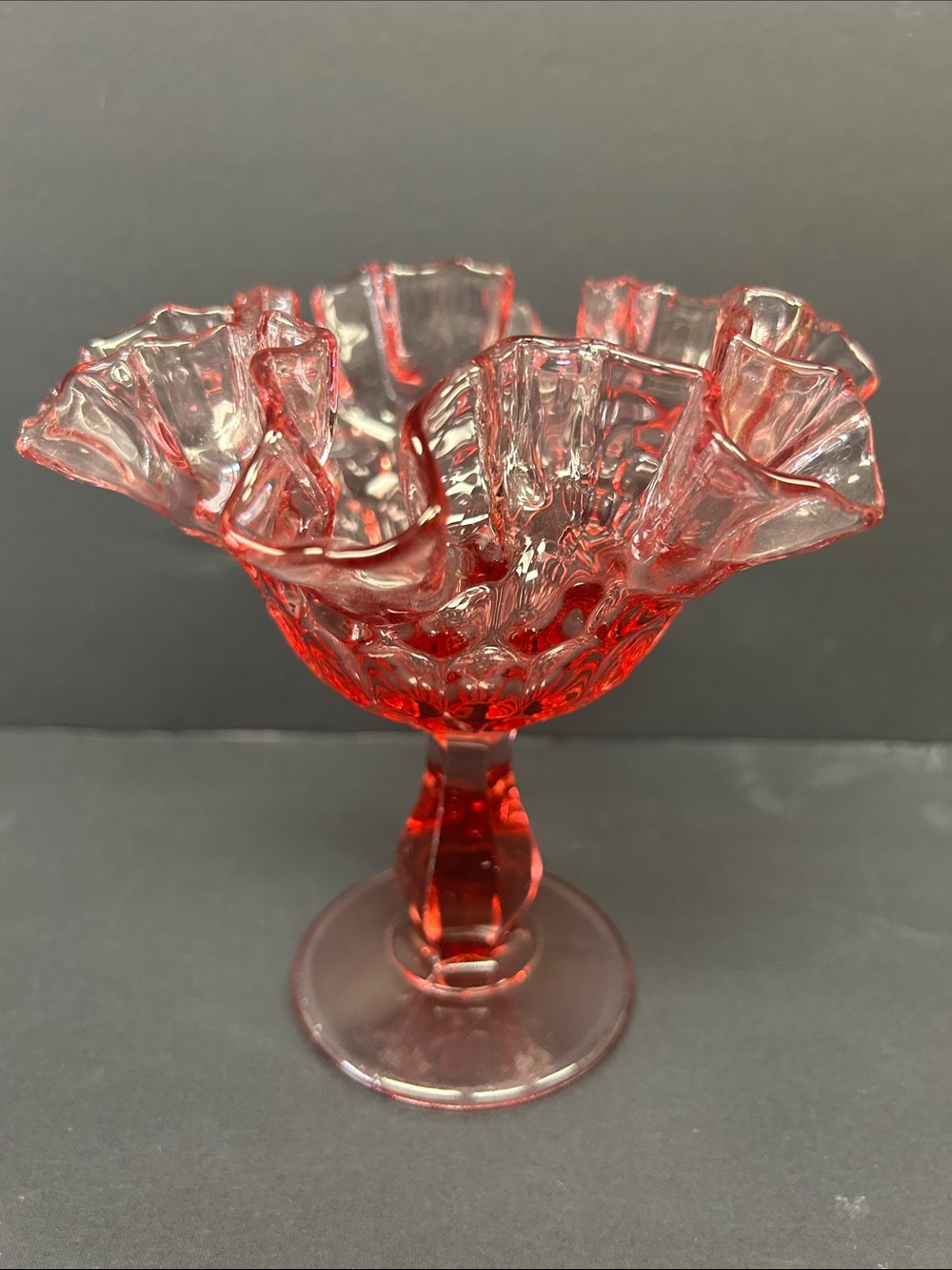 Vintage 6 1/4”  FENTON  “Colonial Pink” thumbprint ruffled edge pedestal compote